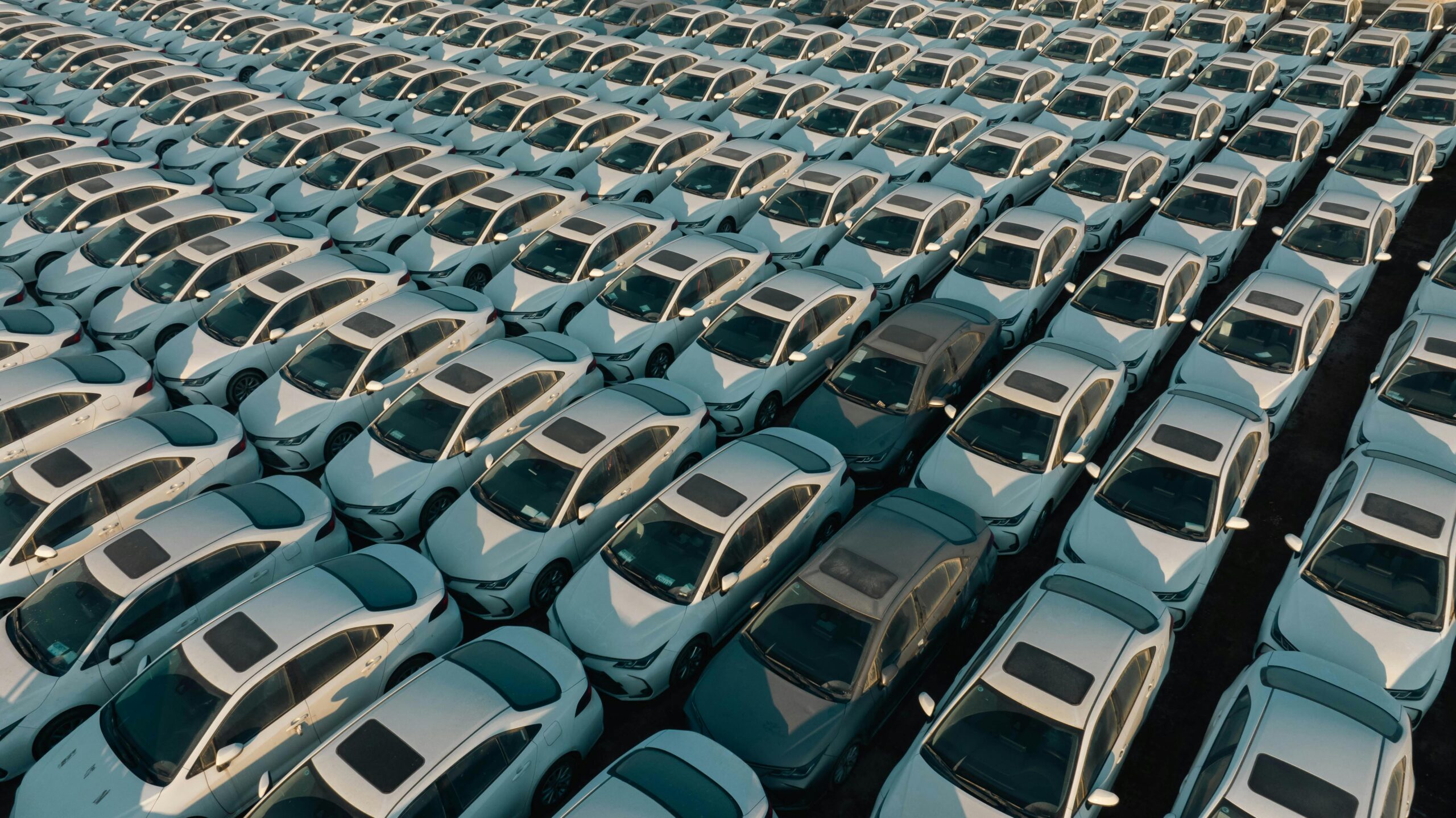 Draufsicht auf ordentlich angeordnete Autos auf einem libyschen Parkplatz, aufgenommen bei Tageslicht.