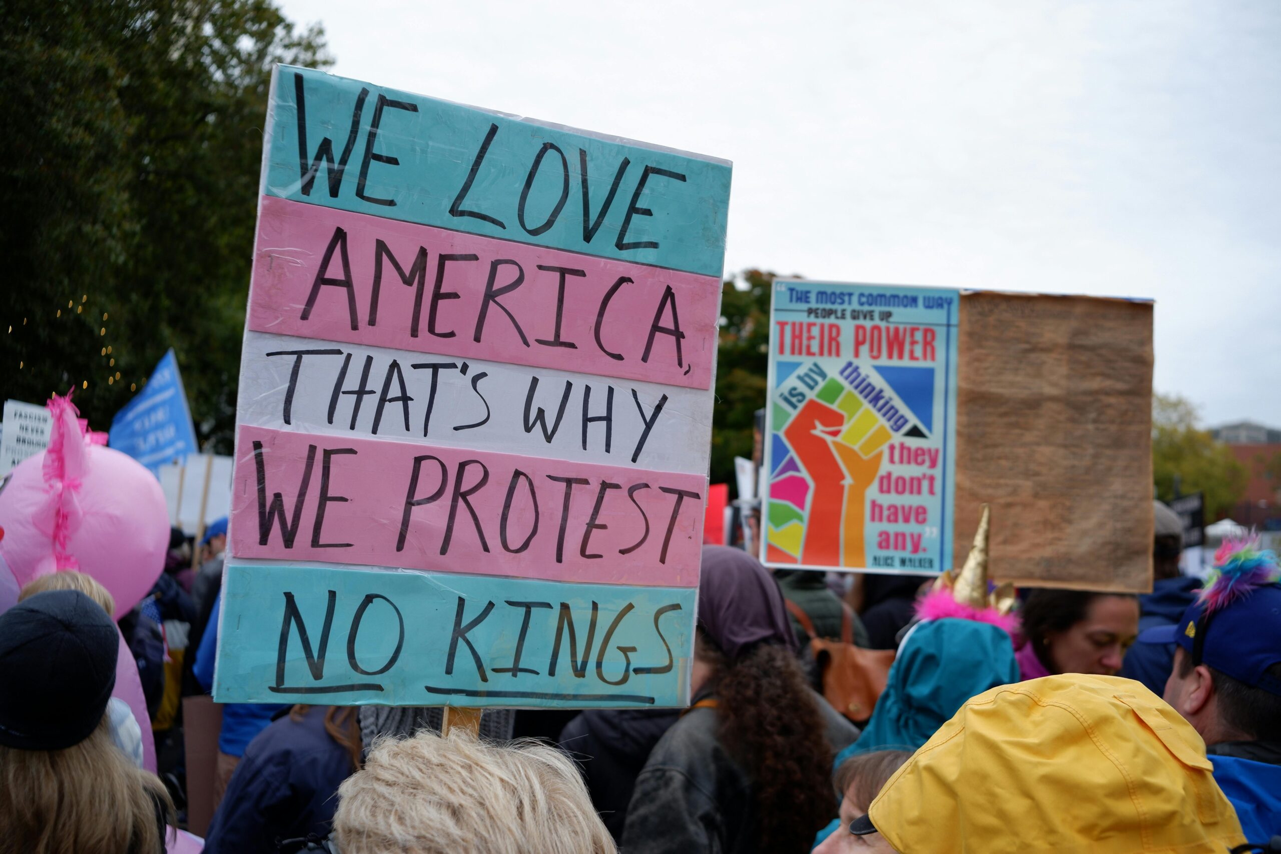 Eine lebendige Protestszene mit Botschaften der Liebe zu Amerika und Aufrufen zur Demokratie.